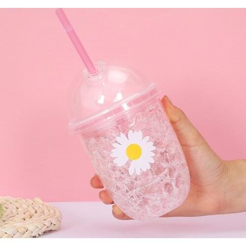 Water cup cute daisy flower pattern double-layer crushed ice plastic cup creative cute fun photo ins girl pink class straw cup