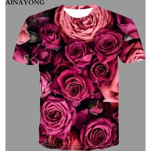Summer O-Neck Short Sleeve Tops Rose Flower Print T-shirt Men Oversized Tee Shirts Breathable Quick Drying Fashion Clothes