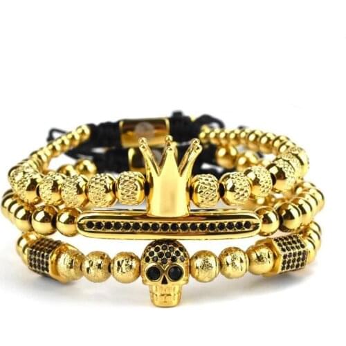 Mestylish 3pcs/Set Punk CZ Micro Pave Crown Skull Beads Bracelet For Men Women Braided Rope Chain Luxury Fashion Jewelry Gift