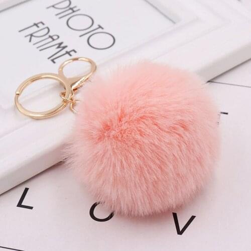 Fashion Casual Key Chains with 8cm Rex Rabbit Fur Ball and Gold Plated Ring Jewelry