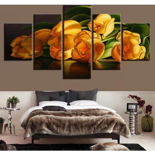 HD Prints Modular Pictures 5 Pieces Yellows Tulips Flower Paintings For Living Room Home Decor Poster Framework