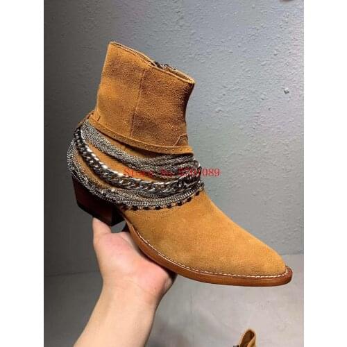 Man Fashion Western Chain Suede Boots Brown Black Leather Suede Pointed Toe Side Zip Western Chain Boots Kanye West Street Shoes
