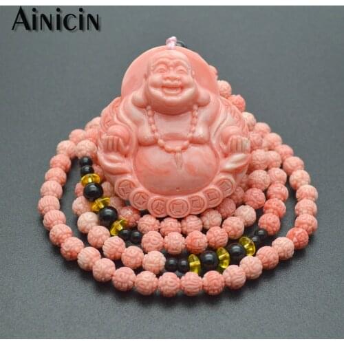 Pink Resin Imitation Shell Laughing Buddha With Money Pendants 34'' Beaded Sweater Chain Necklace For Women Gift Jewelry