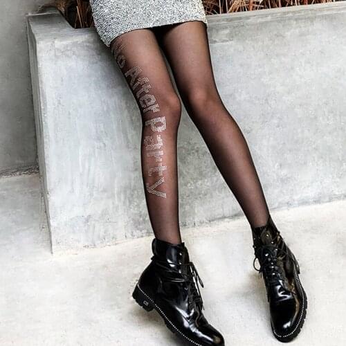 Sexy Womens Diamond Fishnet Tights Mesh Letter Pantyhose Multicolor Rhinestone Nylons Shiny Pantyhose Collant Hosiery Fish Net