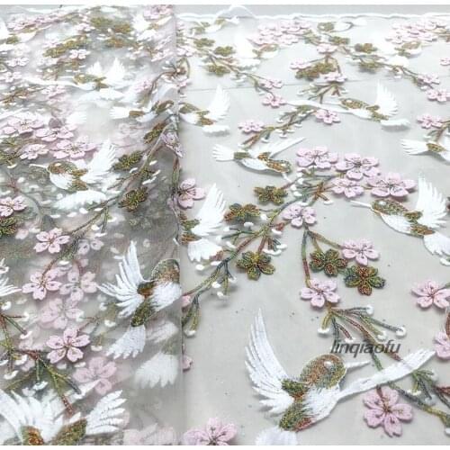 Pink purple color metal line bird peach embroidery lace dress fabric Wedding dress fabric