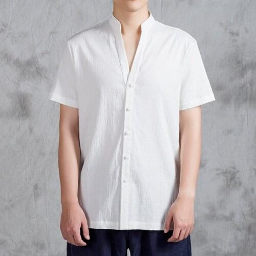 Traditional Chinese Clothing Men Summer Casual V-Neck Chinese Style Shirt Man Linen Short Sleeve Blouse Kung Fu Clothes FF2804