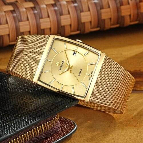 WWOOR 2021 Luxury Fashion Gold Watch Men Square Quartz Steel Mesh Waterproof Sport Automatic Date Wristwatches Relogio Masculino