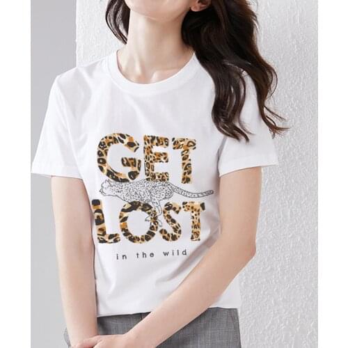 Summer Womens Fashion Simple Commuter T-shirt Round Neck Letter Leopard White Casual Slim Ladies Comfortable All-match Soft Top