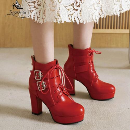 Sgesvier Sweet Ladies Ankle Boots Hot Cross Tied Zipper Women Shoes Platform Belt Buckle Square High-Heel Short Boots Size 32-48