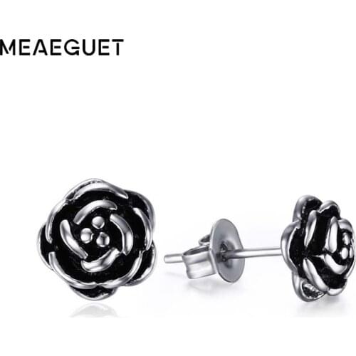 Meaeguet Jewelry Womens 316l Stainless Steel Rose Flower Stud Earrings Vintage Gothic Charm Earring Black