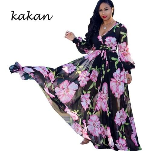 Kakan summer new womens printed chiffon long dress bohemian beach wind big dress dress large size womens S-3XL-5XL