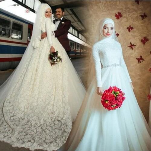 Vintage Long Sleeves Muslim A Line Wedding Dresses High Collar Lace saudi arabia Bridal Gown wedding gown vestidos de novia