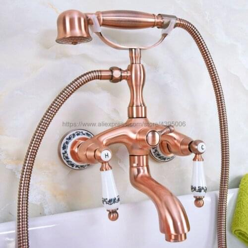 Antique Red Copper Wall Mount Tub Faucet with Handshower Telephone Style Wall Mount Dual Handles Bathtub Sink Mixer Taps Bna314