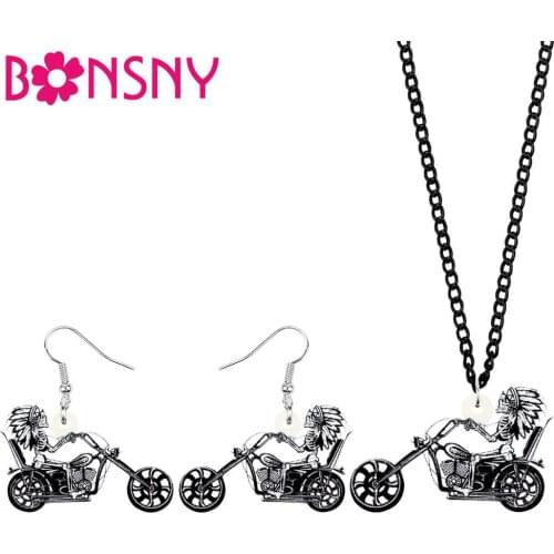Bonsny Acrylic Halloween Motorcycle Skull Jewelry Sets Earrings Necklace For Women Teens Kids Novelty Fashion Gift Decorations