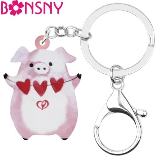 Bonsny Acrylic Valentines Day Heart Pig Piggy Key Chain Ring Bag Car Purse Decoration Keychains For Women Girls Teen Charm Gift
