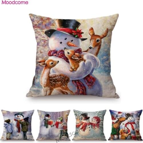 Sweet Cozy Christmas Decoration Red Snowman Lovely Cute Xmas Sofa Throw Pillow Case Winter Gift Cotton Linen Xmas Cushion Cover