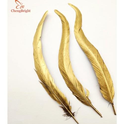 ChengBright Wholesale Good 10PCS 30-35CM Gold Natural Rooster tail Feathers For Decoration Craft Feather Christma Diy Feather