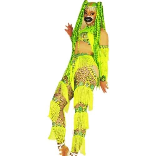 Floral Print Gauze Tassel Longsleeve Backless Perspective Bodysuit Tight Stretch Jumpsuit DJ Dance Stage Wear Nightclub Costume