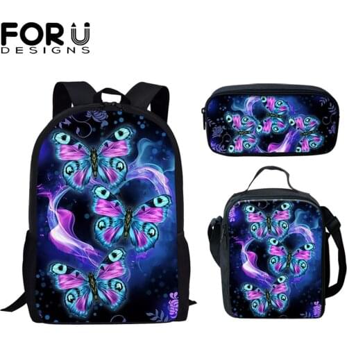 FORUDESIGNS 3pcs Set School Bags Purple With Blue Color Butterfly Flower Print Girls Children Large Capaciy Backpacks Mochila
