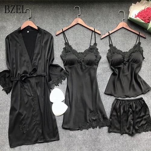 BZEL Sexy Womens Robe & Gown Sets Lace 4 Pieces Sleepwear Womens Sleep Set Faux Silk Robe Femme Lingerie