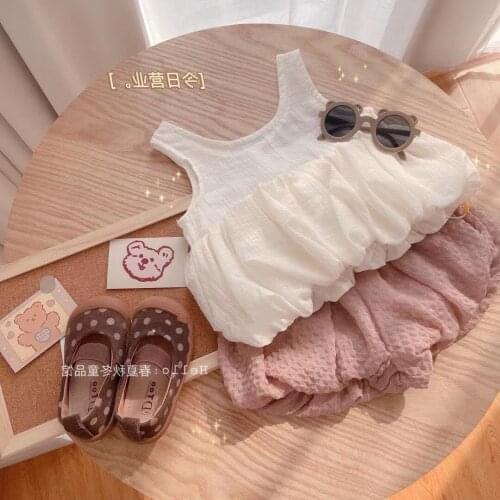 Summer Kids Clothing Sets 2021 New Baby Girls Cute Korean Clothes Suits Sleeveless Vest Shirts Bloomers Shorts 2pcs Set for Girl