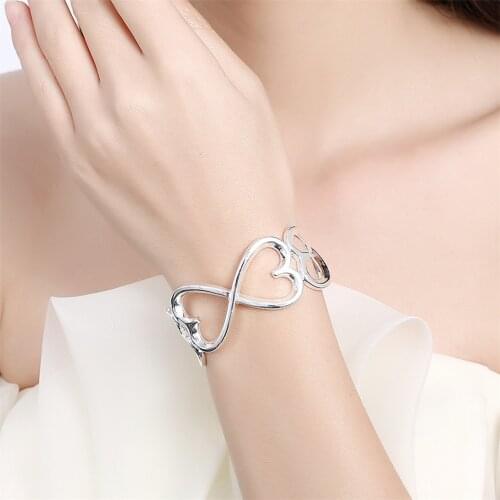 Fashion 925 Silver Opening Heart Bangle Bracelet For Woman Wedding Engagement Fashion Charm Party Jewelry