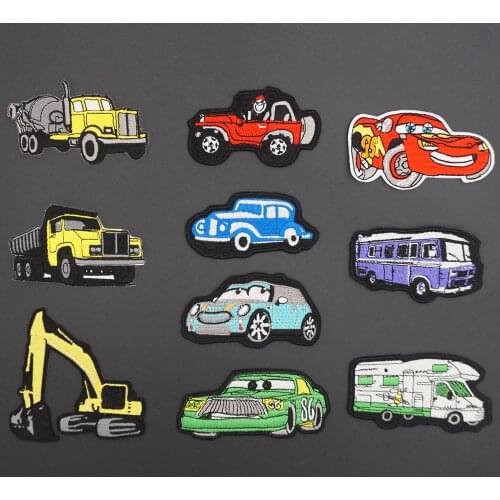 Cartoon car bus excavator embroidery iron on backing patch sticker biker For kids Clothing hat bags iron on backing