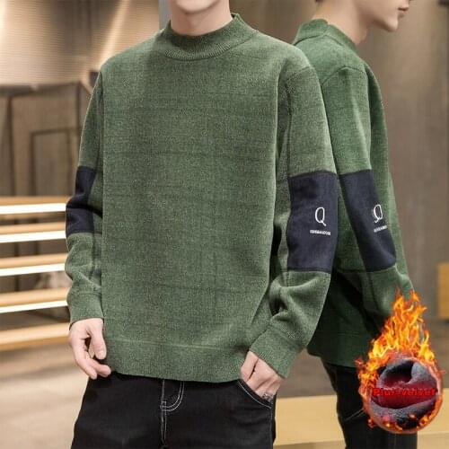 Men Sweater Pullovers Autumn Thicken Fleece Lined Warm Knit Sweaters Men Long Sleeve Sweater Casual Fall Clothing Streetwear