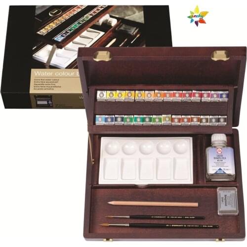 Rembrandt Watercolor Paint Wood Box Professional Set, 28 Pans + 7 Accessories,made from the purest pigments and gum arabic