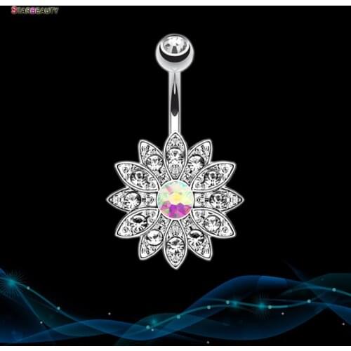 Rainbow Flower Petal Navel Piercing Nombril Bar Bijoux Belly Button Piercing Ombligo Pircing Soleil Fleur Navelpiercing