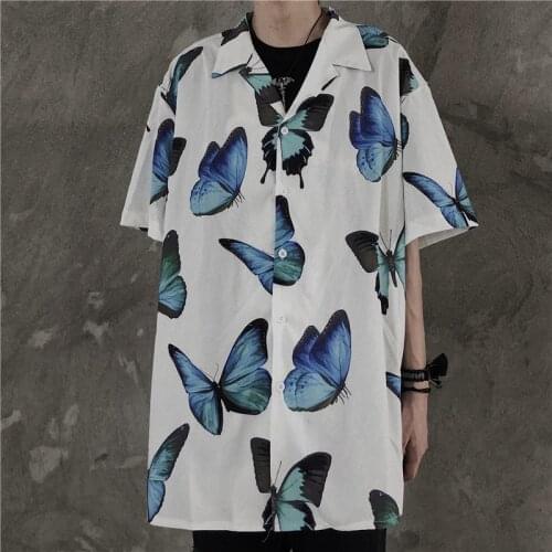 Butterfly Printed Shirt Loose Casual Tops 2021 New Mens Wear High Street Fashion Summer Short Sleeve Shirt for Male