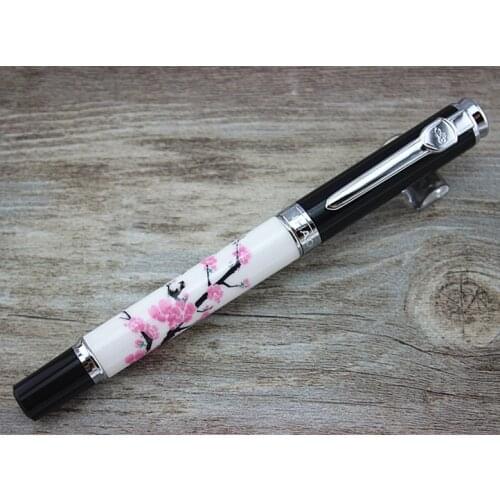 Jinhao 8802 Blue and White Porcelain Fountain Pen 18kgp Medium Nib Plum Blossom Bird Painting Pen