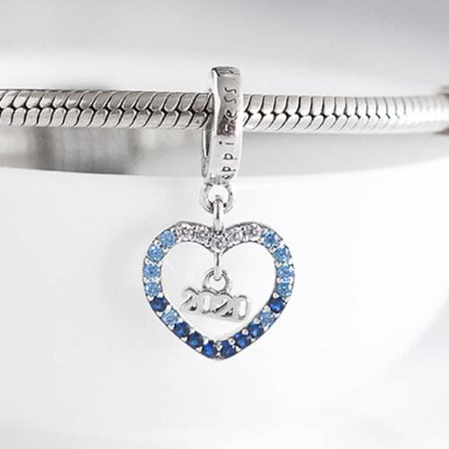 S925 Pendant Bead DIY Jewelry 2020 Happiness Heart Dangle Charm fit Lady Bracelet Bangle Girl Gift Blue CZ