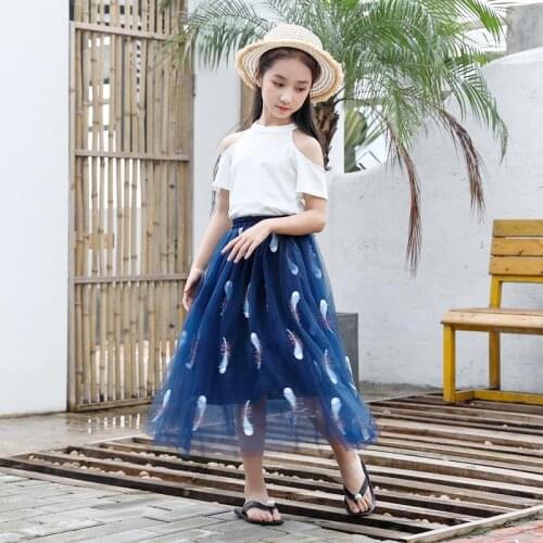 Elastic Waist Baby Girl Chiffon Princess Long Skirt Embroidery Feather Costume Korean Mother Daughter Loose Casual Skirts