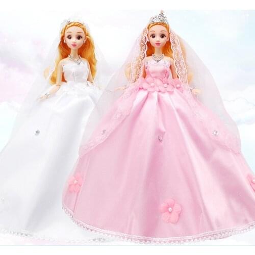Barbia Wedding Dress Princess Doll Big Skirt Lace Headdress With Diamond Petal Dress Girl Birthday Present Doll