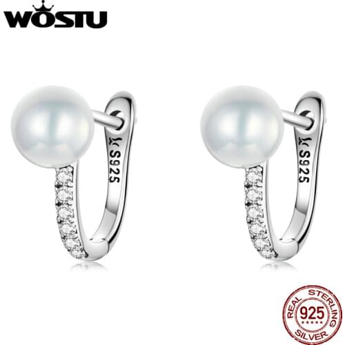 WOSTU 925 Sterling Silver Simple Shell Pearl Shining Zircon Stud Earrings For Women Fashion Party Jewelry CQE1288