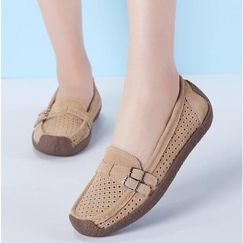 2021 New Summer Shoes; Comfortable and Breathable Hollow Buckle Womens Flat Shoes; Leather Womens Shoes Zapatos De Mujer