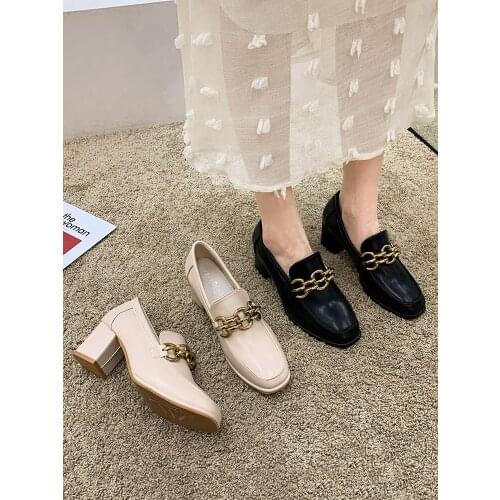 Womens shoes high heels 2021 spring new fashion thick heel casual metal buckle leather shoes