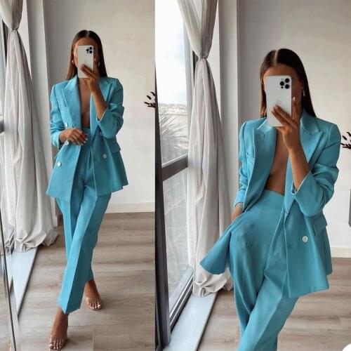 Elegant Women Double Breasted Pocket Blazer Suits Streetwear Pants Suit Jacket With Trouser Custom Made Two Pieces Set