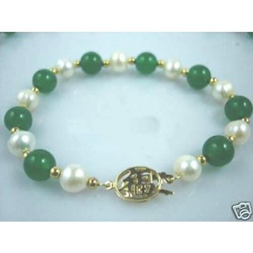 Ladys beautiful 7.5 inches green jades white pearl bracelet