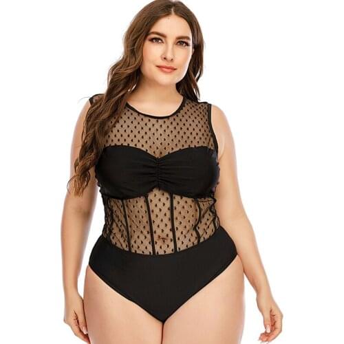 Plus Size Womens One Piece Swimsuit Heart Mesh Swimwear Female Push Up Solid Black Beachwear Bathing Suit L XL XXL 3XL 4XL 5XL