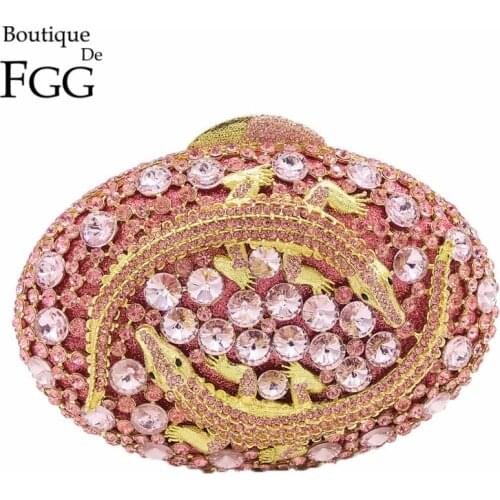 Boutique De FGG Pink Crocodile Women Crystal Evening Clutch Bag Hollow Out Metal Clutches For Bridal Wedding Party Handbag Purse