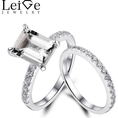 Leige Jewelry Engagement Rings Set 925 Sterling Silver White Topaz Ring Emerald Cut for Women Anniversary Gift Natural Gemstone