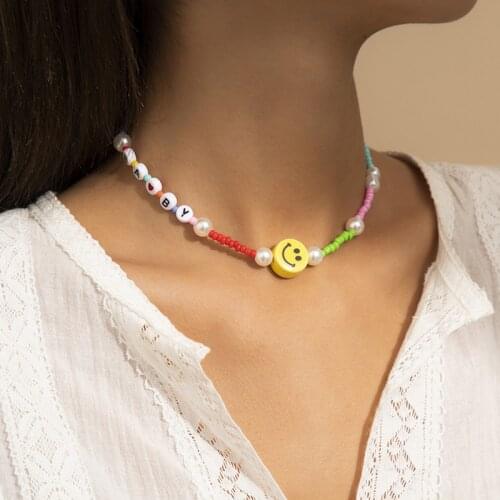 Bohemian Handmade Beads Chain Necklace for Women Pearl Choker Necklace Smile Face Letter Flower Neck Chain Korean Fashion Collar