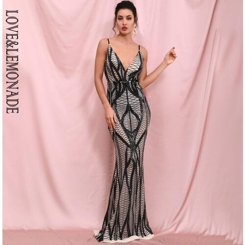 LOVE&LEMONADE Sexy Deep V-Neck Open Back Bodycon Geometric Sequins Elastic Going Out Maxi Dress LM82470