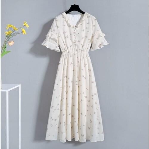 Summer Chiffon Dress Women Vintage Waist Temperament All-Match A-Line Dresses Floral Lotus Leaf Sleeve Mid-Length Dress Vestidos