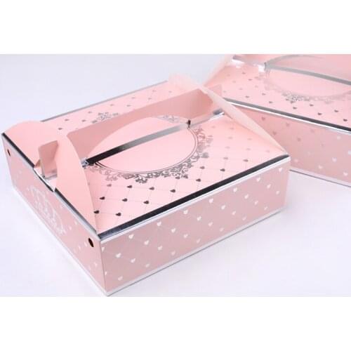 20.5*20.5*6.5cm pink silver lace pattern Card Paper Gift Box with handle, Party Favour 6cake box for Muffin,cheese 100pcs/lot