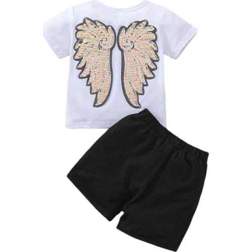 2021-03-01 Lioraitiin 2Pcs Set 1-6Years Toddler Girls Summer Outfits Short Sleeve Back Sequin Wings T-Shirt + Shorts Set