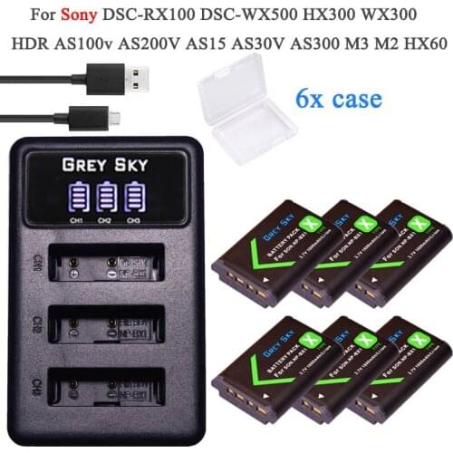 6pcs NP-BX1 np bx1 Battery + 3 Slots LCD Charger for Sony DSC-RX100 DSC-WX500 IV HX300 WX300 HDR-AS15 X3000R MV1 AS30V HDR-AS300