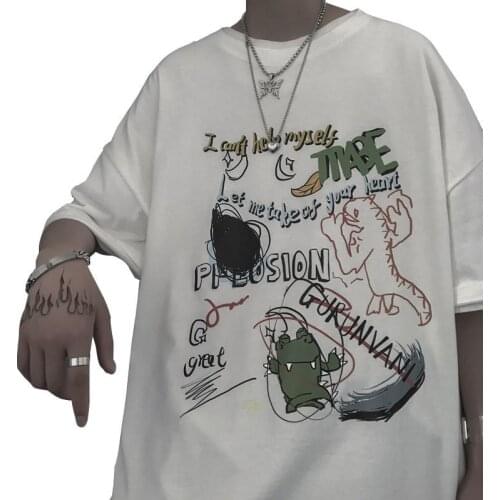 T-shirt Men Oversize Cotton Graffiti Tshirt Loose Tee Tops Plus Size O-Neck T Shirt Hip Hop Streetwear Pullover Mens Top A5